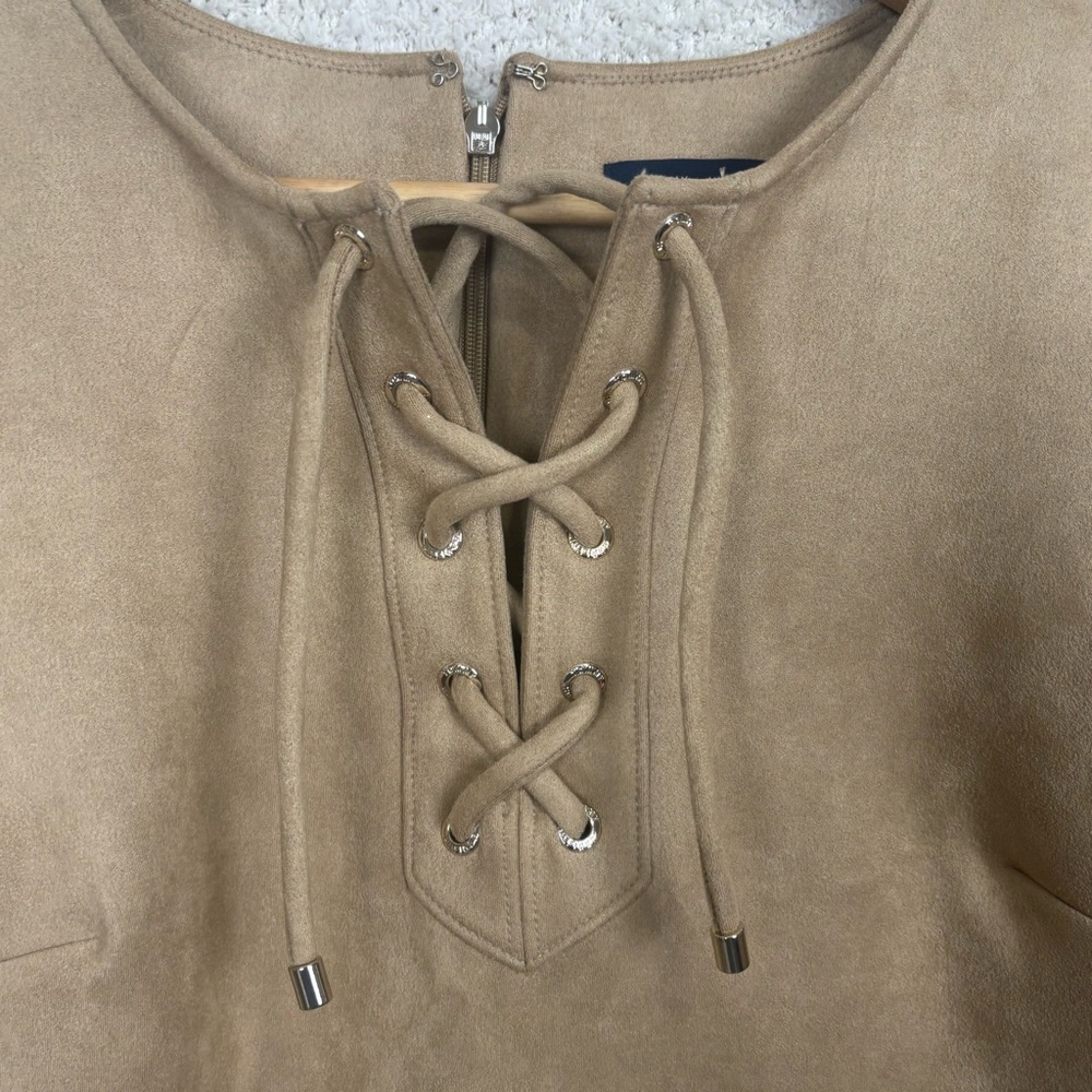 Tommy Hilfiger Dress Womens 6 Tan Lace-Up Scuba Faux-Suede A-Line Back Zip‎ Logo - Picture 5 of 14